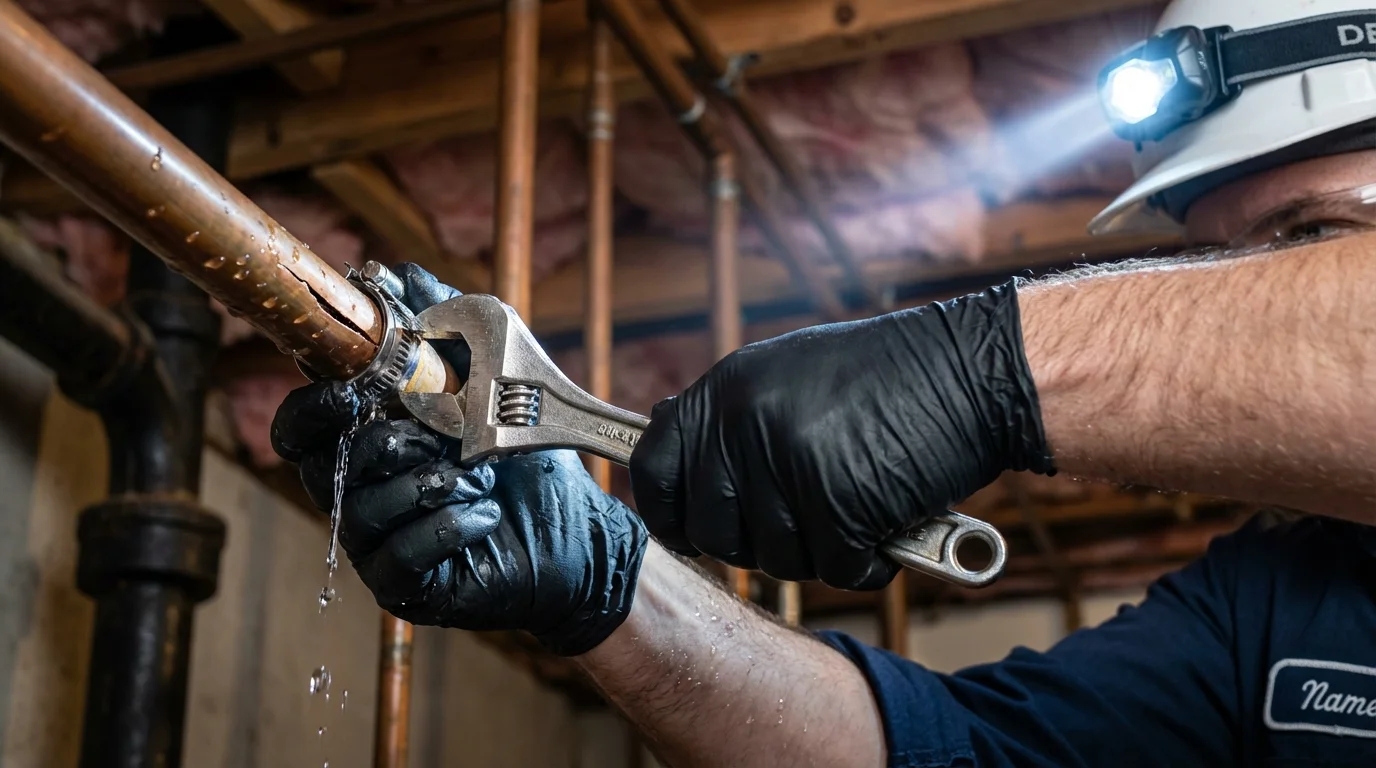 Emergency pipe clamp repair being performed by a Johns Plumbing LLC plumber in Sapulpa